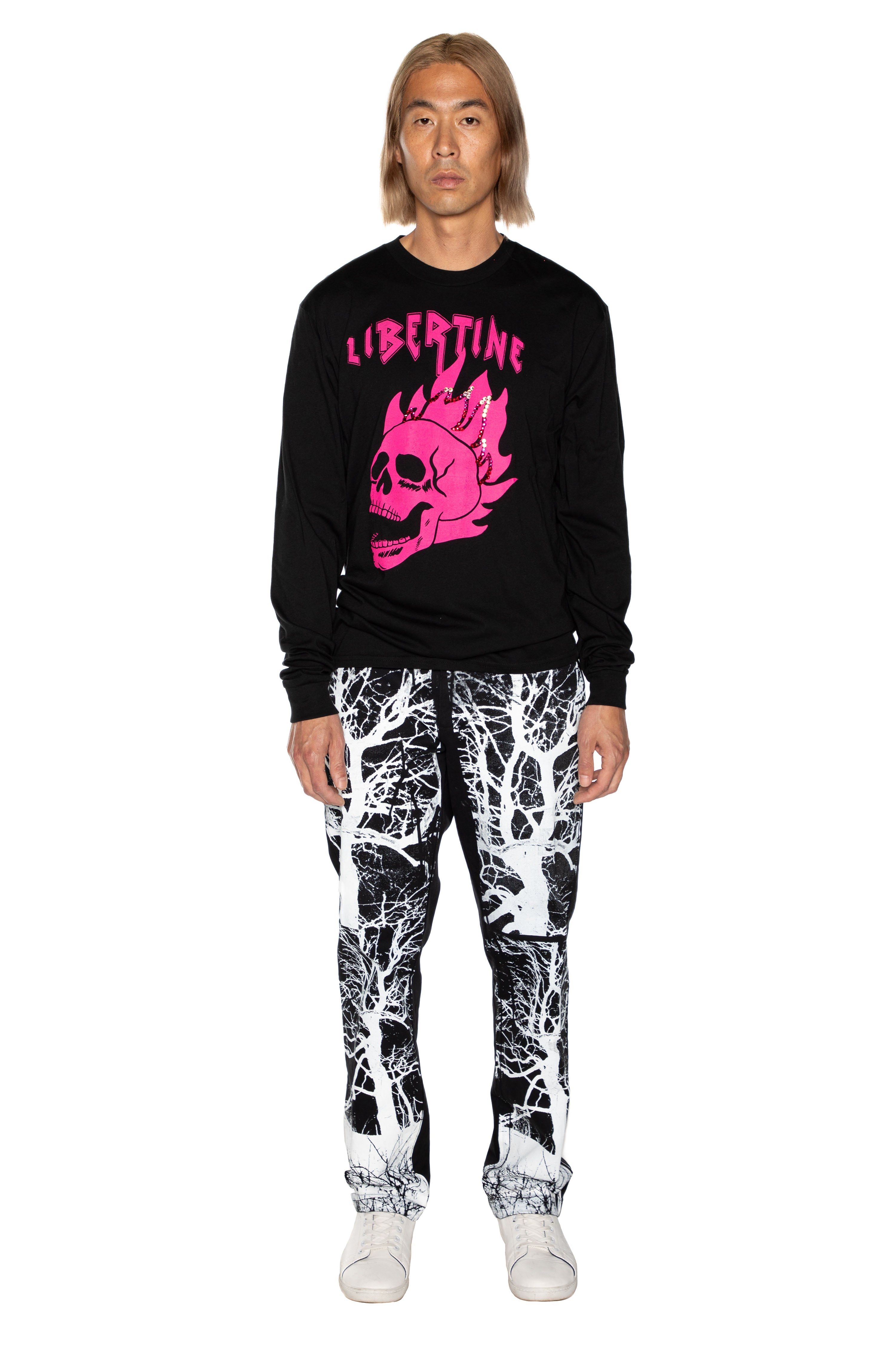 'LIB FLAMING SKULL PINK' UNISEX LONG SLEEVE T SHIRT -  - Libertine