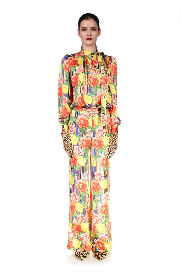 'Tequila Sunrise Roses' Tie Collar Blouse - TOPS - Libertine