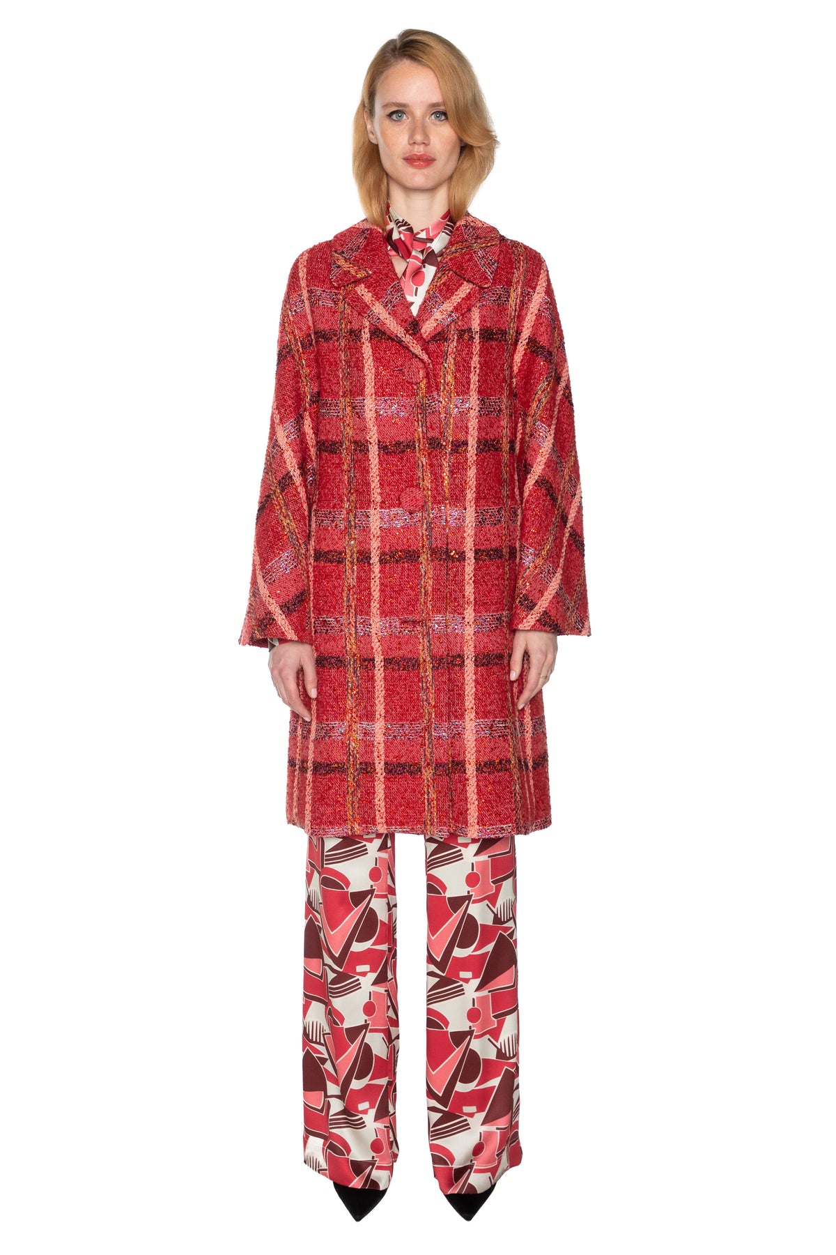 'RED BOUCLE HEAVY STARDUST' L/S PATCH POCKET COAT W/ CRYSTALS -  - Libertine