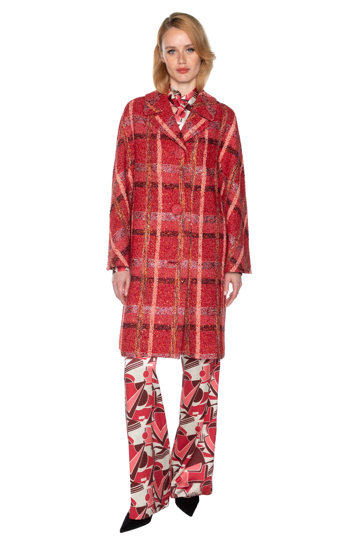 'RED BOUCLE HEAVY STARDUST' L/S PATCH POCKET COAT W/ CRYSTALS -  - Libertine