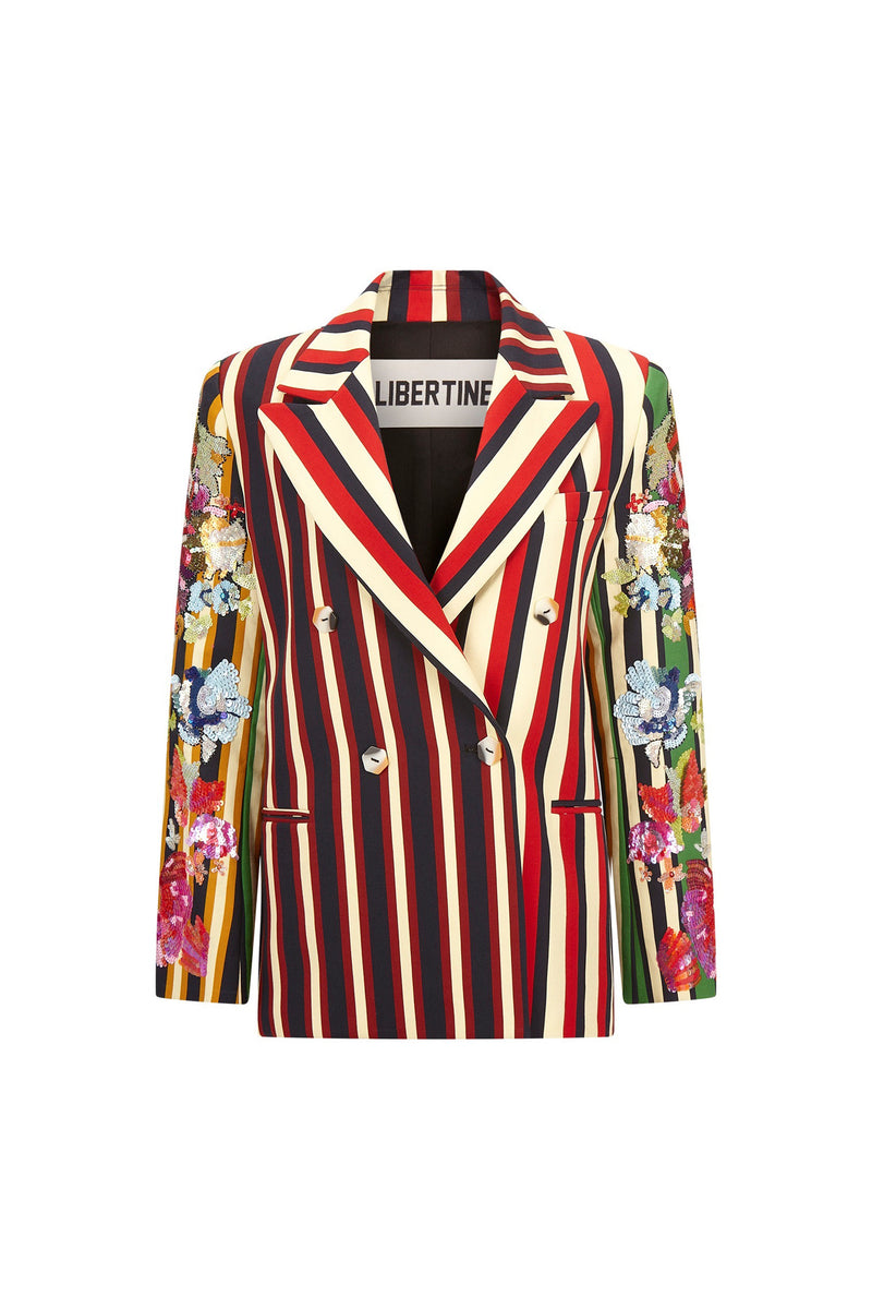 'EMBROIDERED ETON STRIPE' DOUBLE BREASTED BLAZER W/ EMBELLISHED SLEEVES - - Libertine