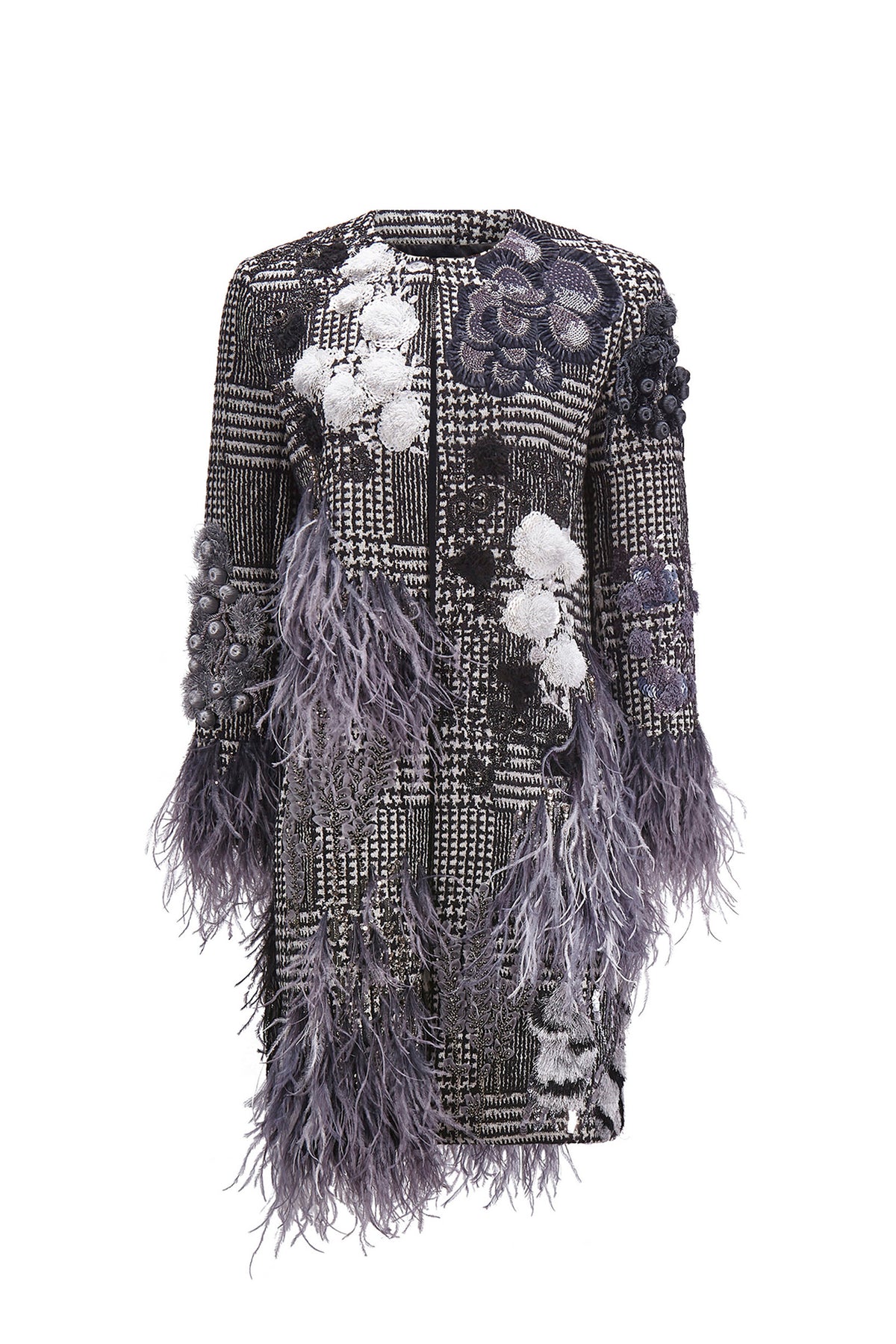 'GLAM ROCK' CLASSIC COLLARLESS COAT WITH FEATHERS - - Libertine