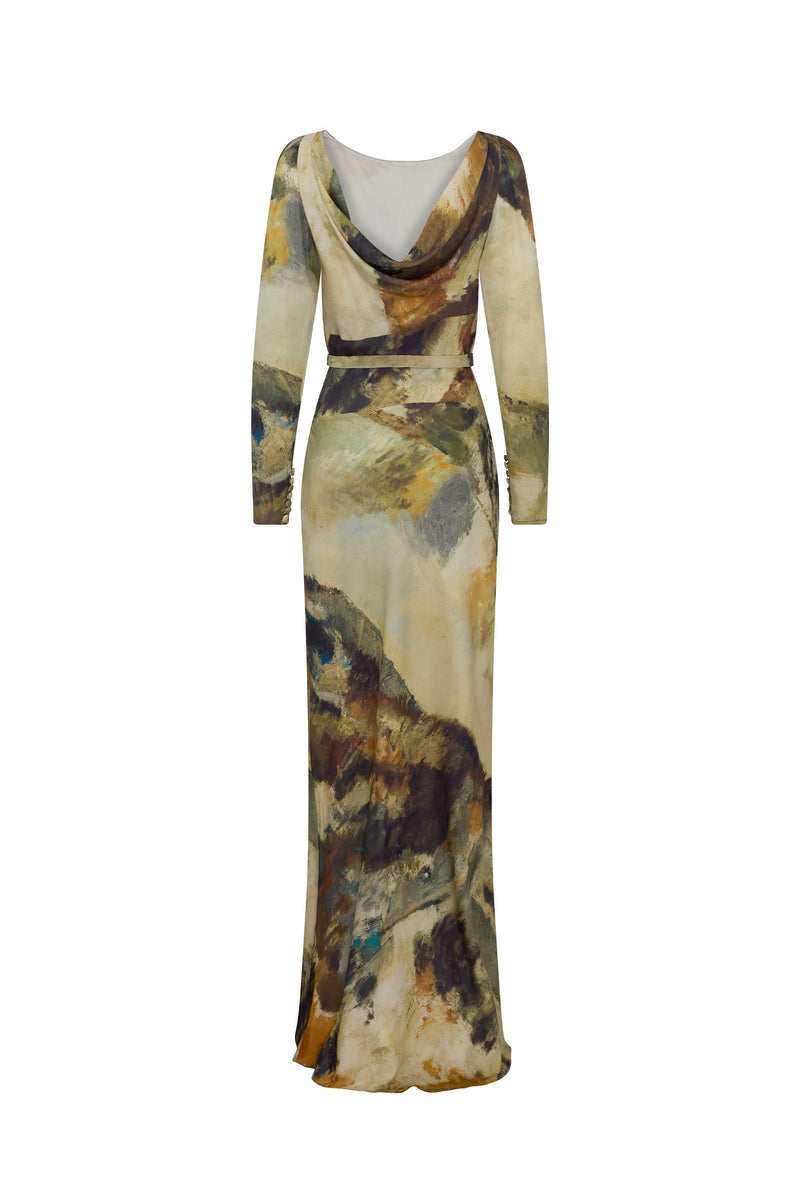 'MODERNIST LANDSCAPE' BELTED LOOK BACK GOWN - - Libertine