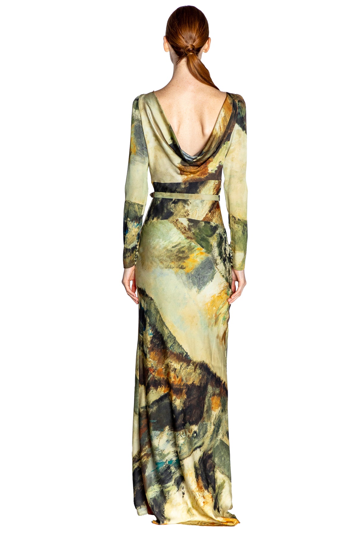 'MODERNIST LANDSCAPE' BELTED LOOK BACK GOWN - - Libertine