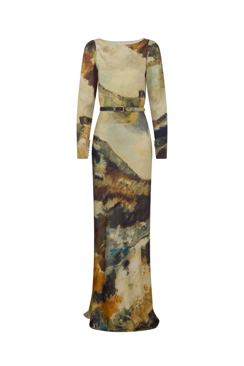 'MODERNIST LANDSCAPE' BELTED LOOK BACK GOWN - - Libertine