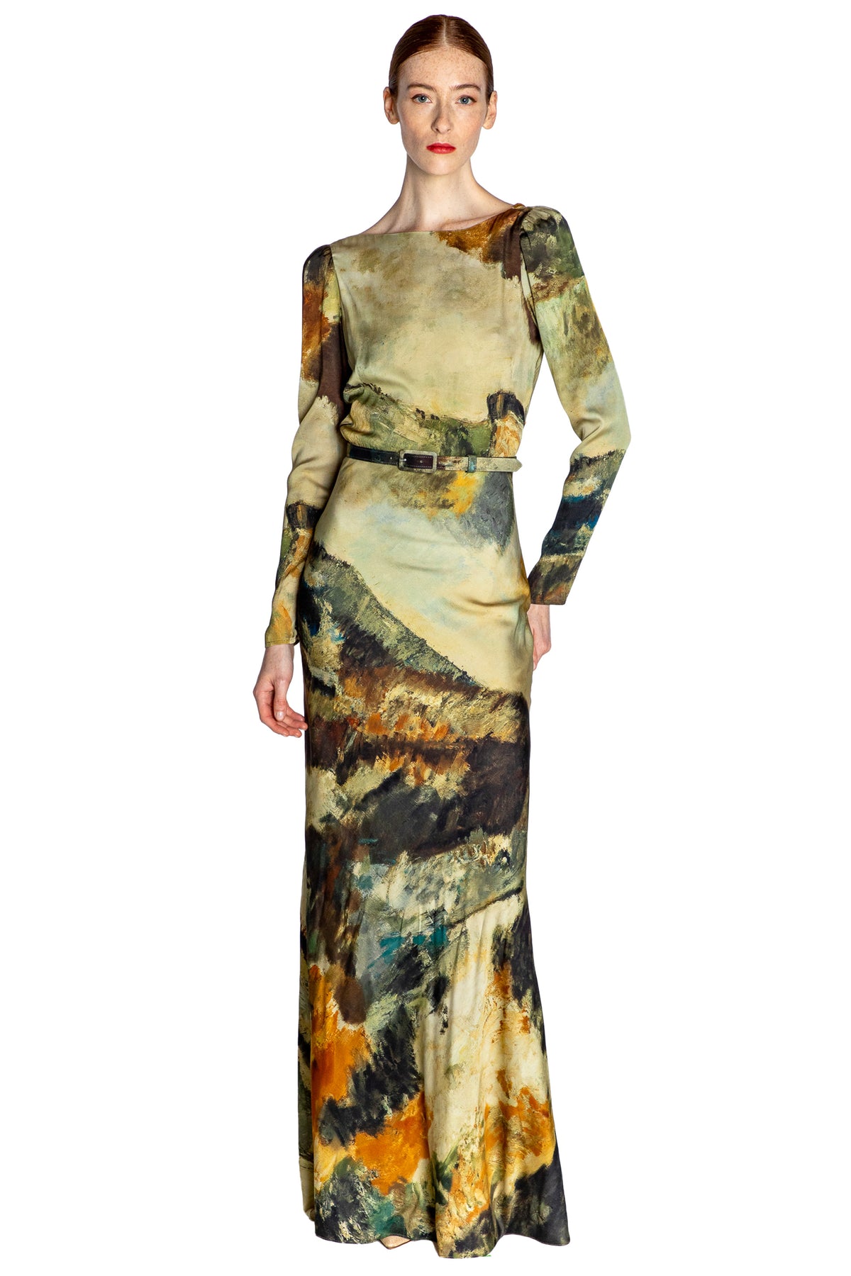 'MODERNIST LANDSCAPE' BELTED LOOK BACK GOWN - - Libertine