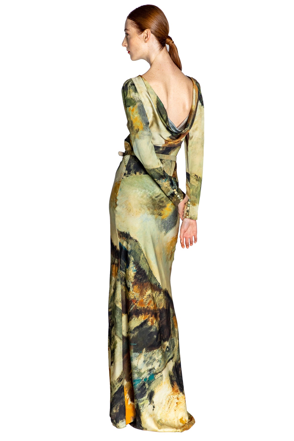 'MODERNIST LANDSCAPE' BELTED LOOK BACK GOWN - - Libertine