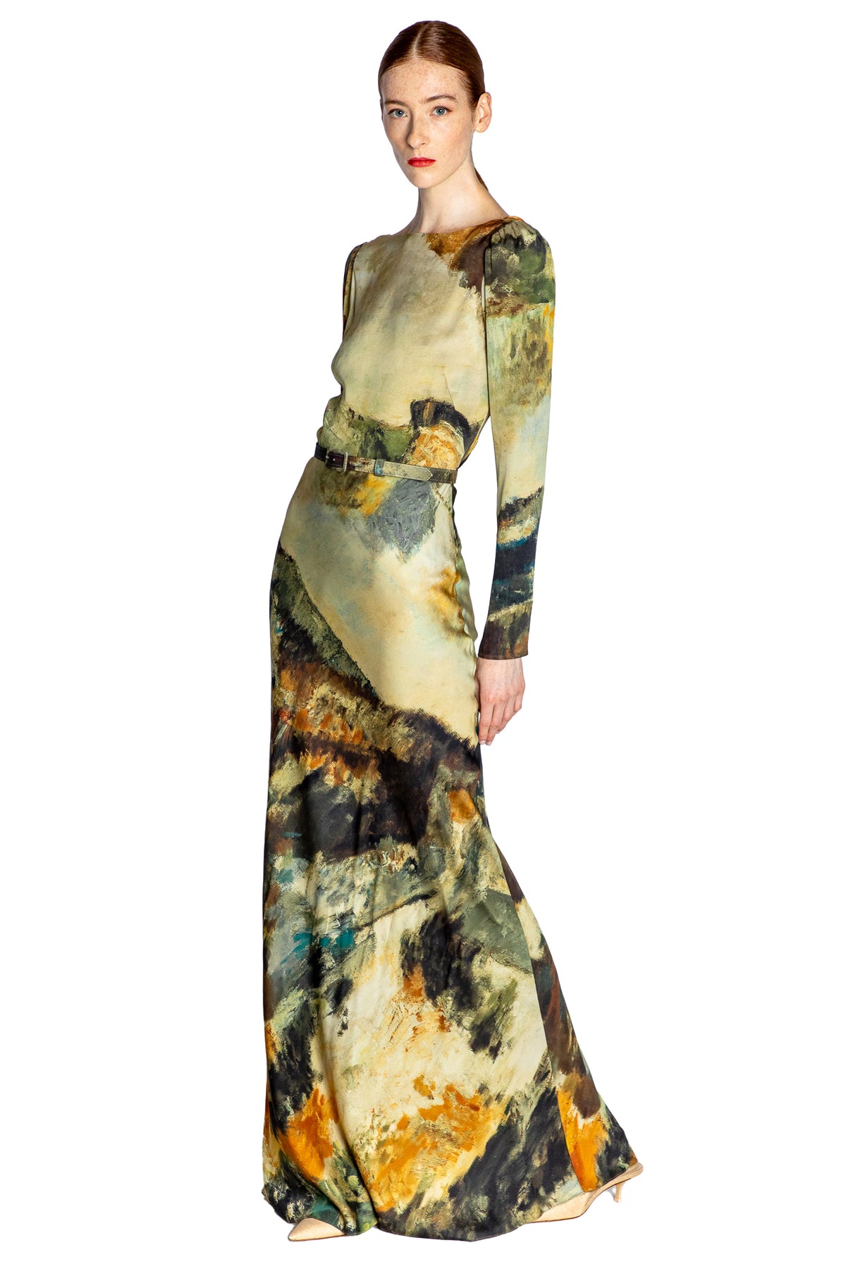 'MODERNIST LANDSCAPE' BELTED LOOK BACK GOWN - - Libertine