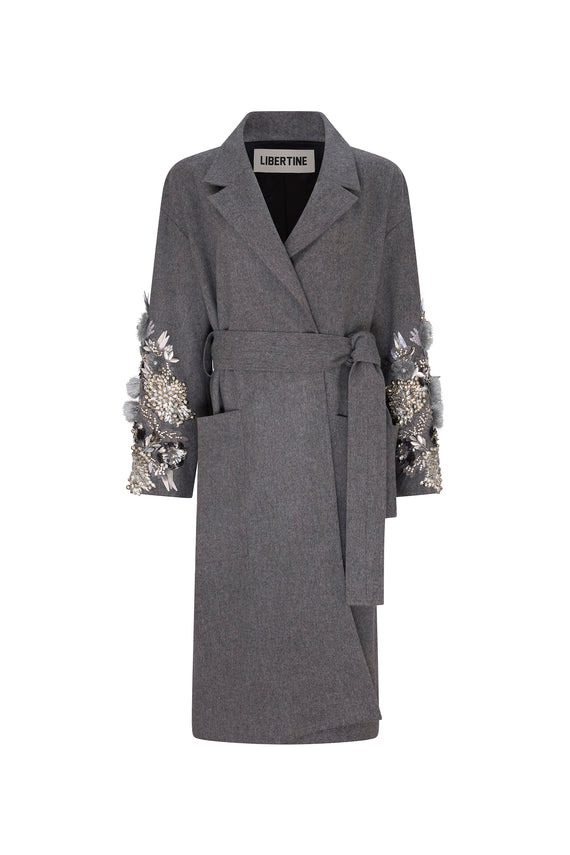 'FROSTED FLOWERS' EMBELLISHED NOTCHED LAPEL WRAP COAT - - Libertine - Main image
