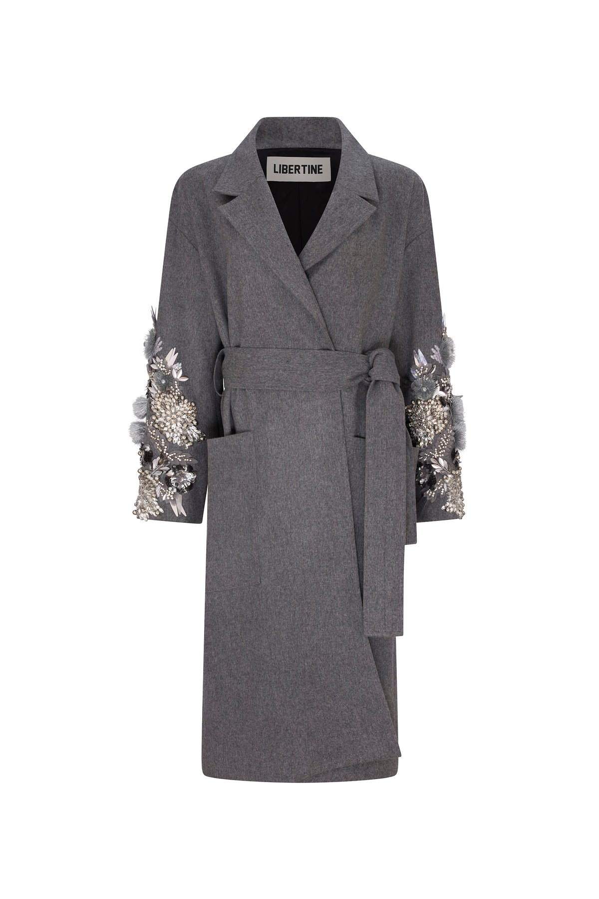 'FROSTED FLOWERS' EMBELLISHED NOTCHED LAPEL WRAP COAT - - Libertine