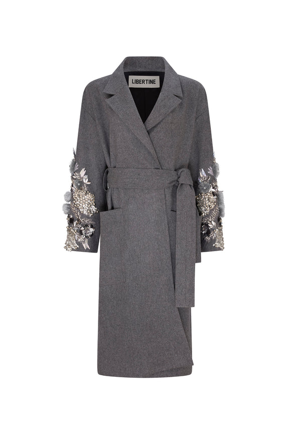 'FROSTED FLOWERS' EMBELLISHED NOTCHED LAPEL WRAP COAT - - Libertine