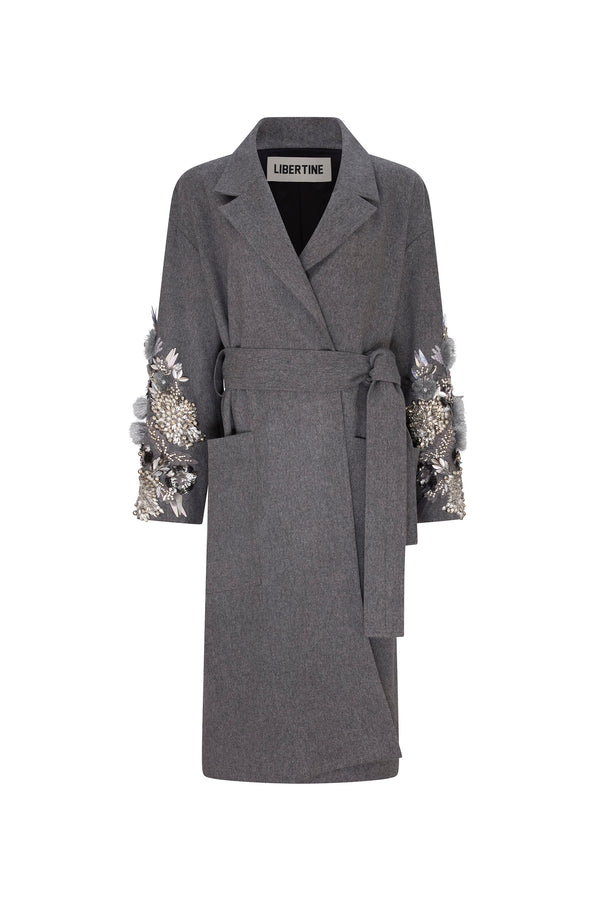 'FROSTED FLOWERS' EMBELLISHED NOTCHED LAPEL WRAP COAT - - Libertine