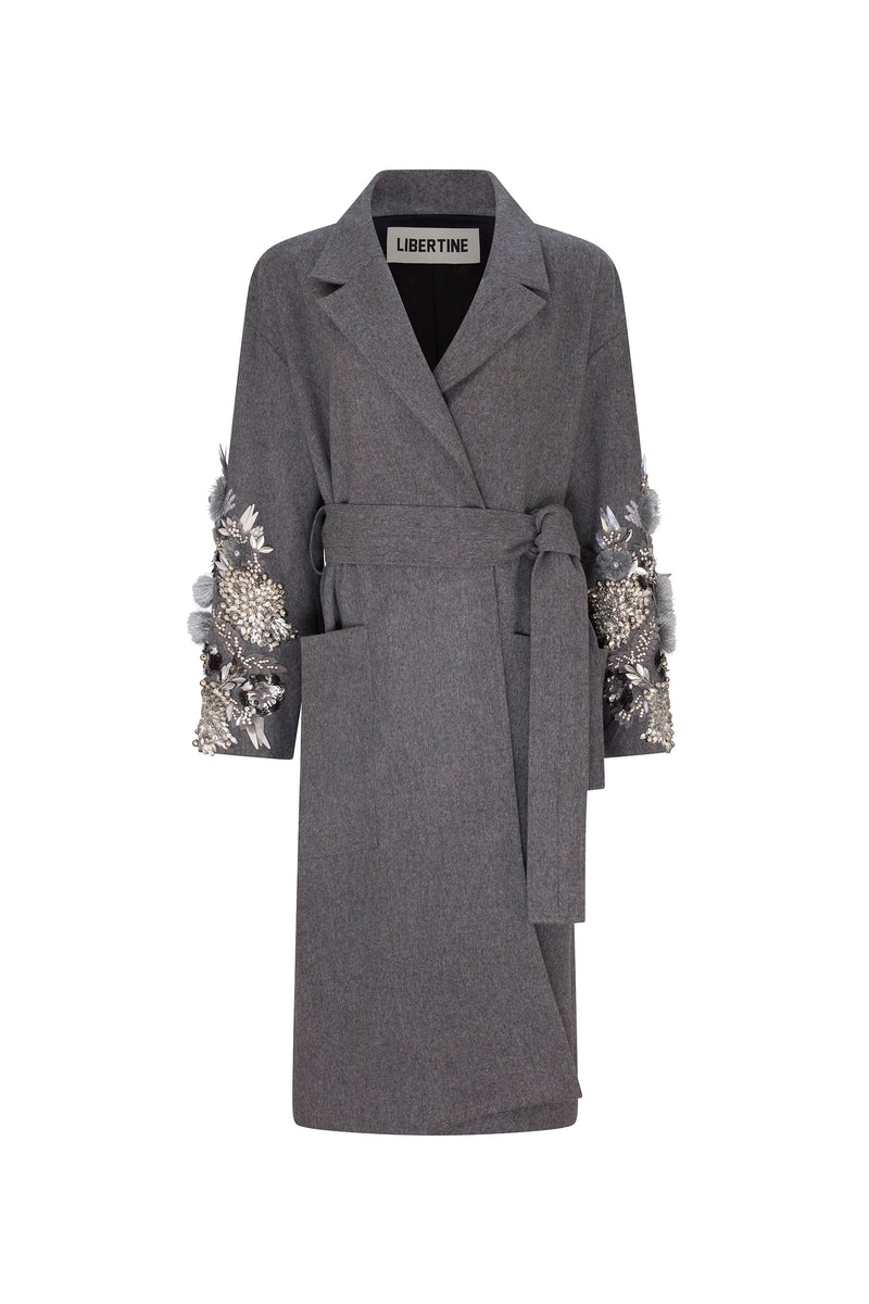 'FROSTED FLOWERS' EMBELLISHED NOTCHED LAPEL WRAP COAT - - Libertine