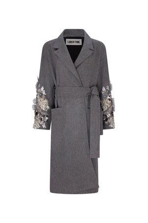 'FROSTED FLOWERS' EMBELLISHED NOTCHED LAPEL WRAP COAT