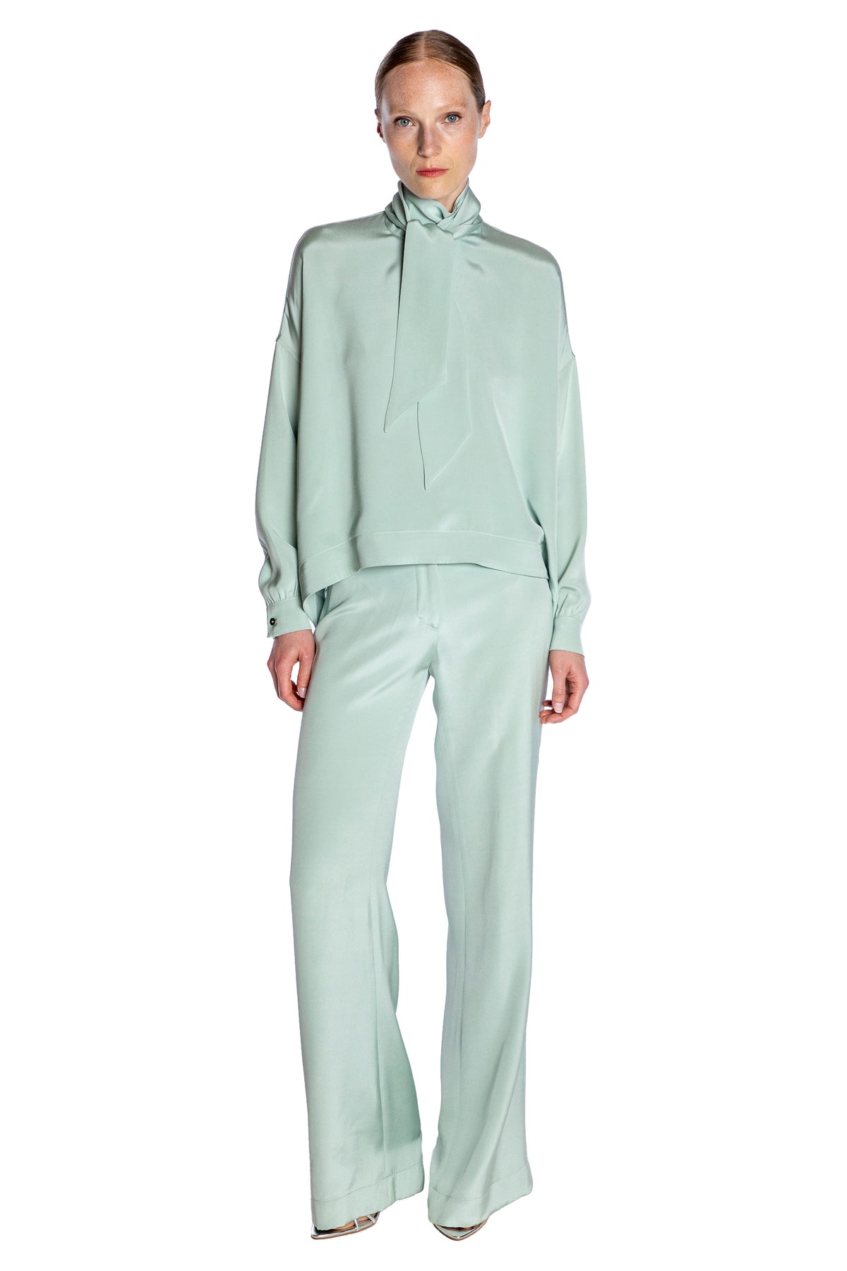 'Powdered Green' Tie Blouse - Women's Tops - Libertine