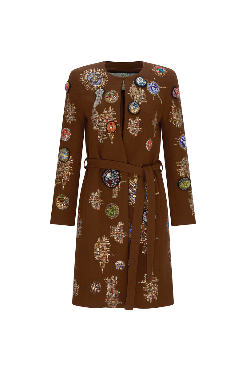 'GALAXY GAZE' BELTED COLLARLESS COAT - - Libertine