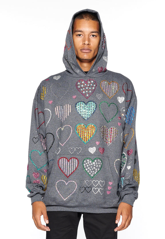 ALLOVER HEARTS GREY HOODIE PULLOVER SWEATSHIRT - SWEATSHIRTS - Libertine