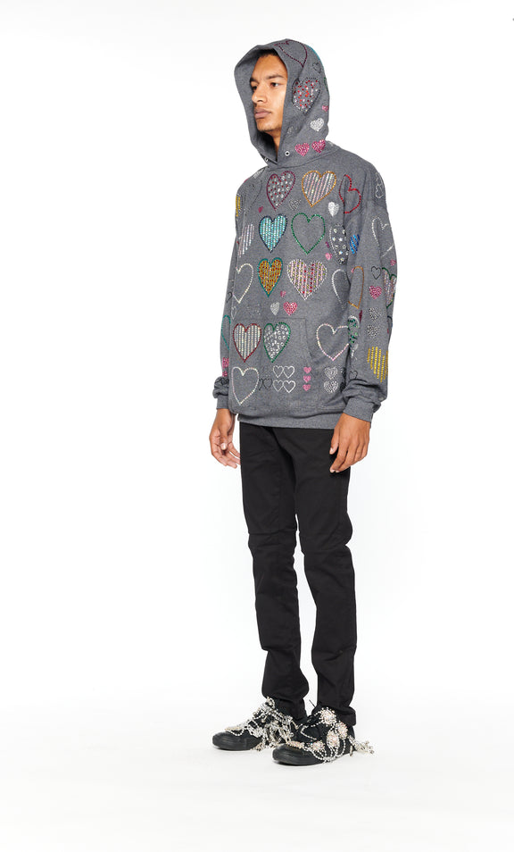 ALLOVER HEARTS GREY HOODIE PULLOVER SWEATSHIRT - SWEATSHIRTS - Libertine