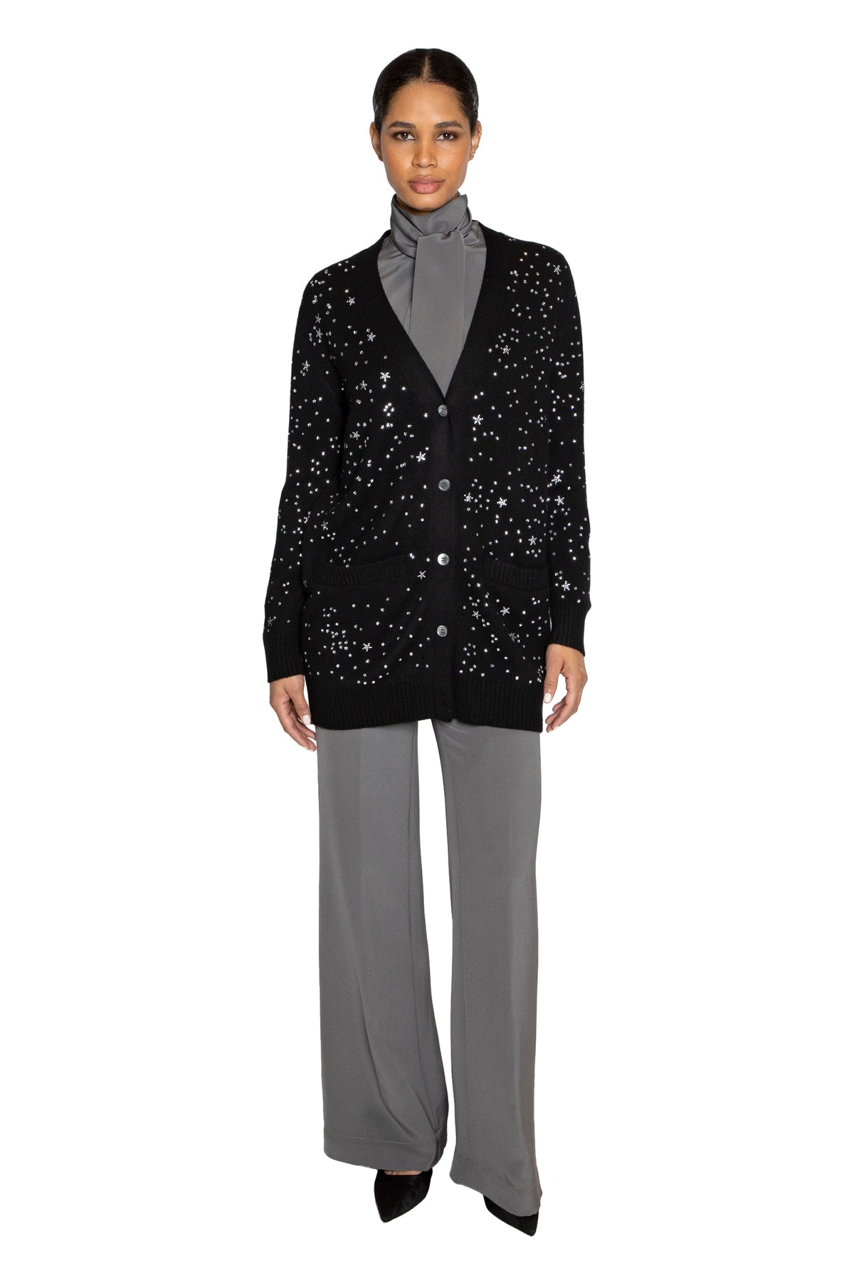 CRYSTAL 'LONGFELLOW'S LIGHT OF STARS' BLACK CASHMERE LONG CARDIGAN - CARDIGANS - Libertine