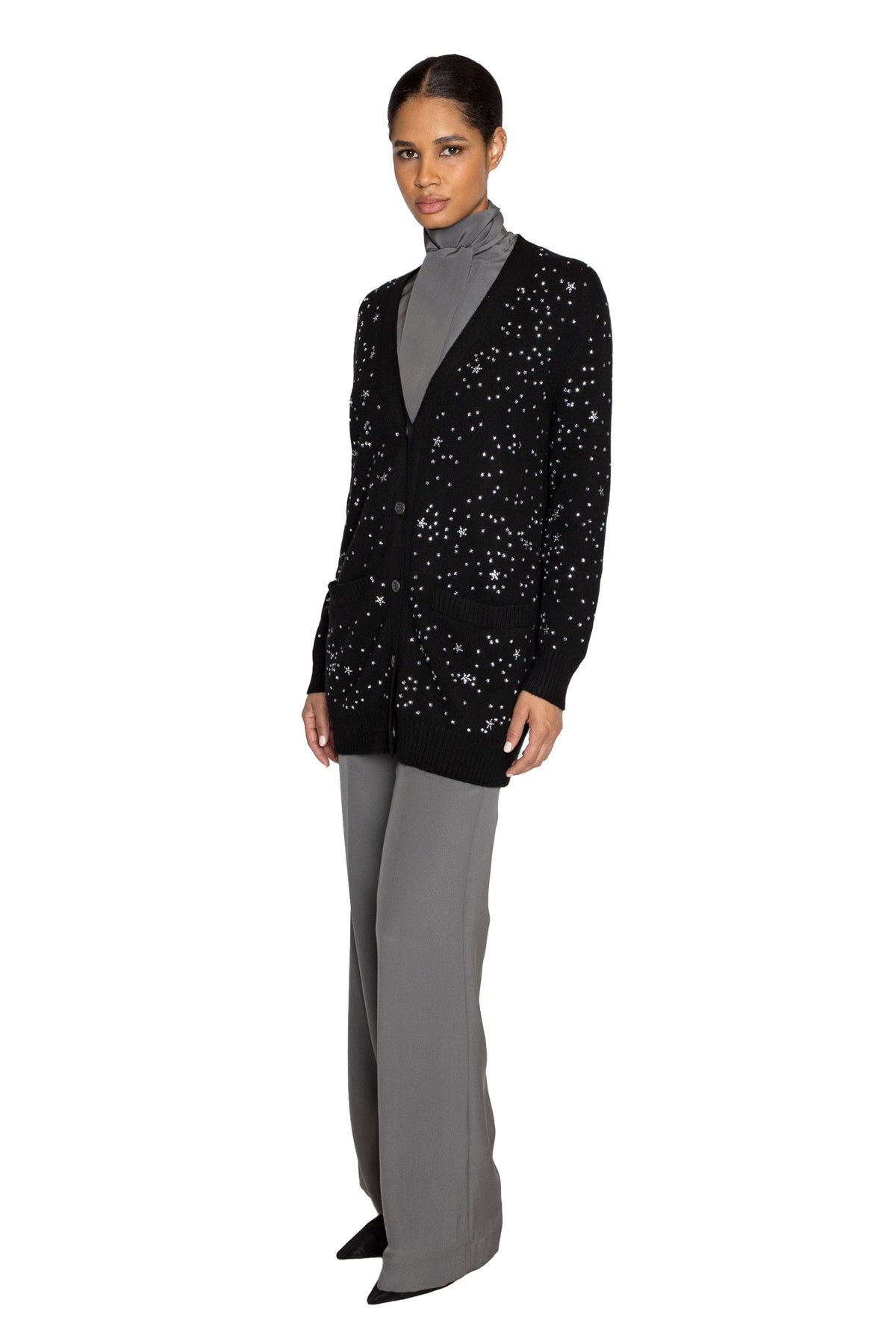 CRYSTAL 'LONGFELLOW'S LIGHT OF STARS' BLACK CASHMERE LONG CARDIGAN - CARDIGANS - Libertine