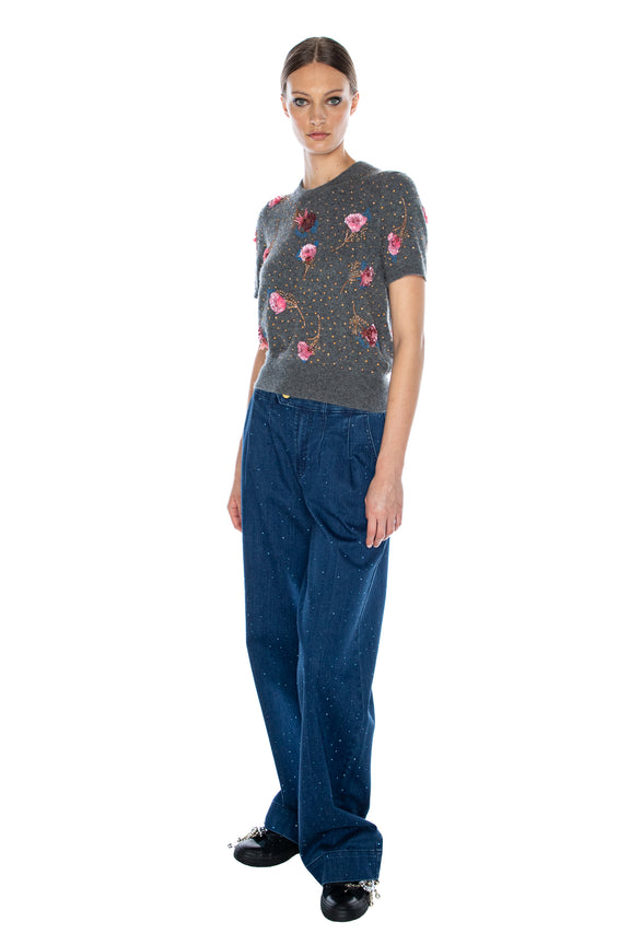 'BLOOMS' EMBELLISHED SHORT SLEEVE PULLOVER -  - Libertine