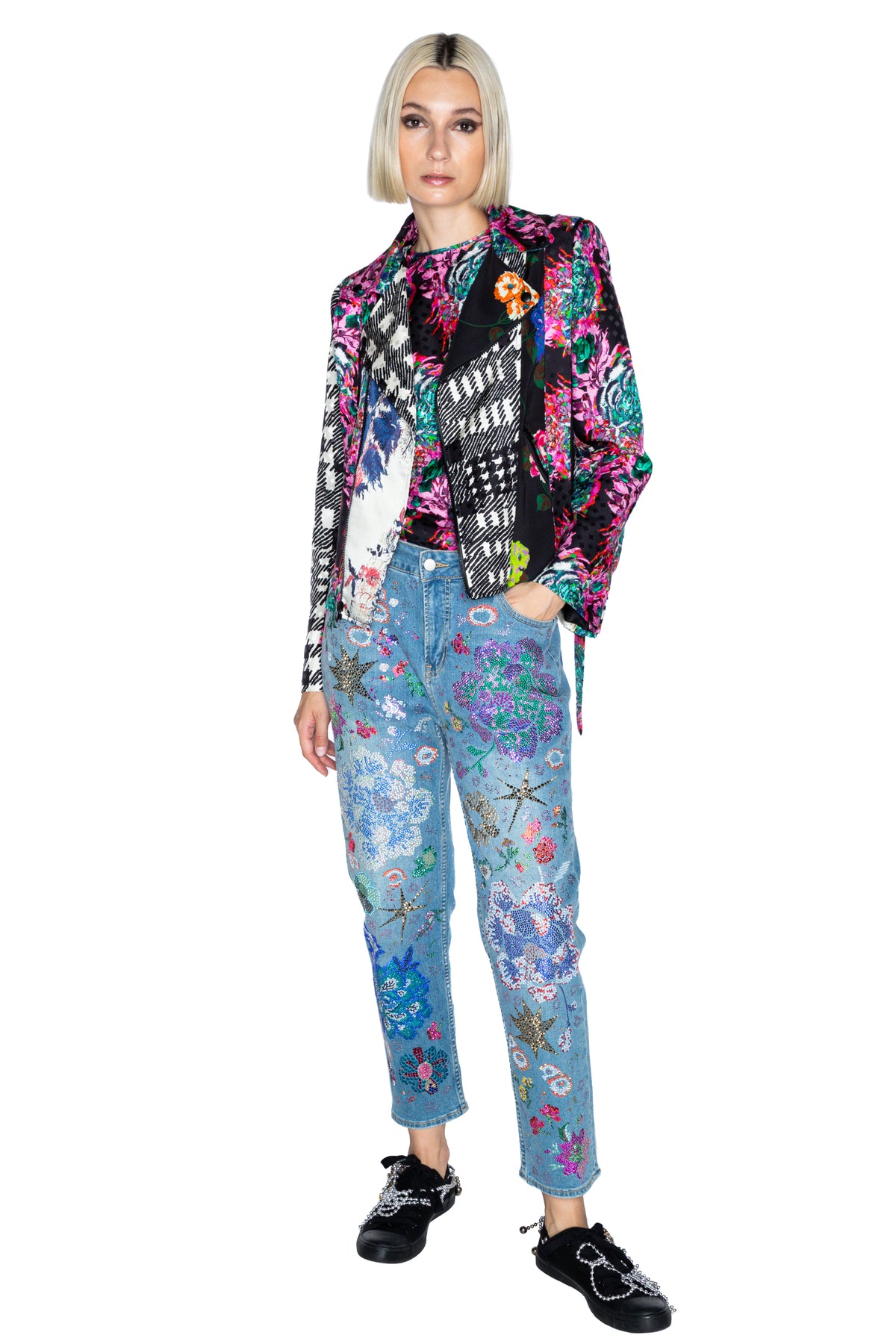 'MIXED SILK' MOTO JACKET WITH STRAPS - - Libertine