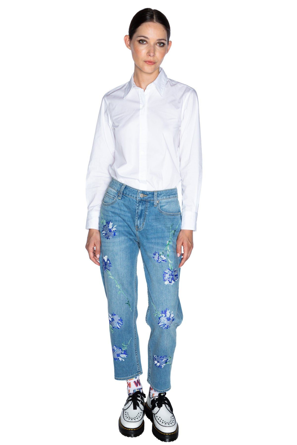 'CECIL BEATON BLUE CARNATION' CRYSTAL BOYFRIEND JEAN - PANTS - Libertine