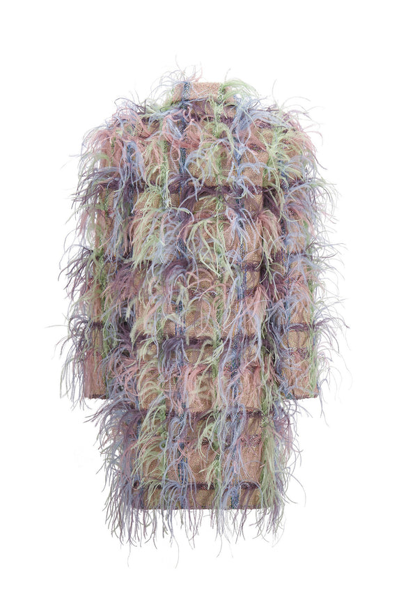 'Lakmé' FAWN BOUCLE DOUBLE BREASTED COAT WITH FEATHERS - - Libertine