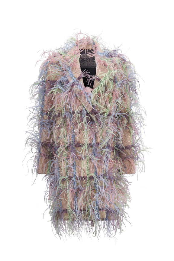 'Lakmé' FAWN BOUCLE DOUBLE BREASTED COAT WITH FEATHERS - - Libertine