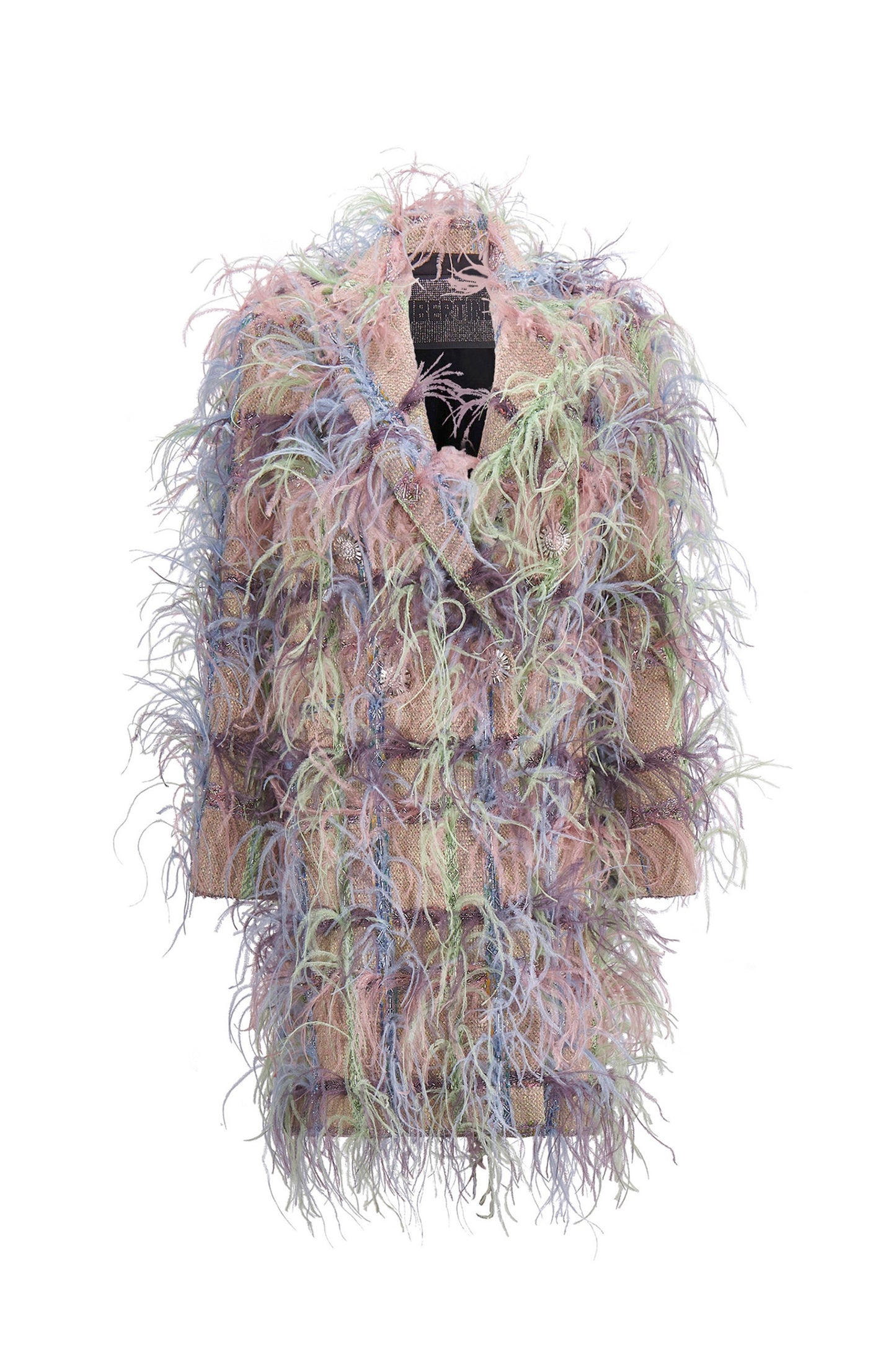 'Lakmé' FAWN BOUCLE DOUBLE BREASTED COAT WITH FEATHERS - - Libertine