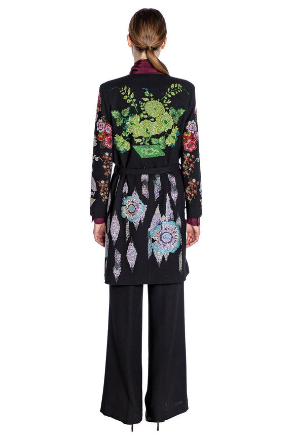 'BONSAI COLLAGE' BELTED COLLARLESS COAT - - Libertine