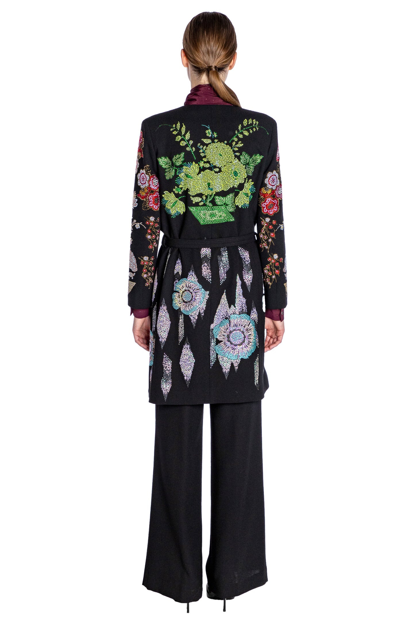 'BONSAI COLLAGE' BELTED COLLARLESS COAT - - Libertine
