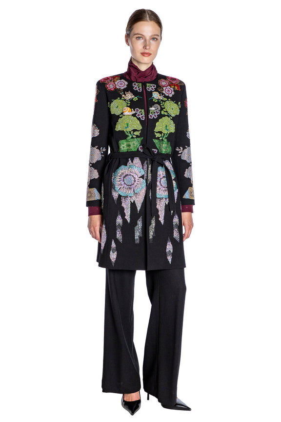 'BONSAI COLLAGE' BELTED COLLARLESS COAT - - Libertine