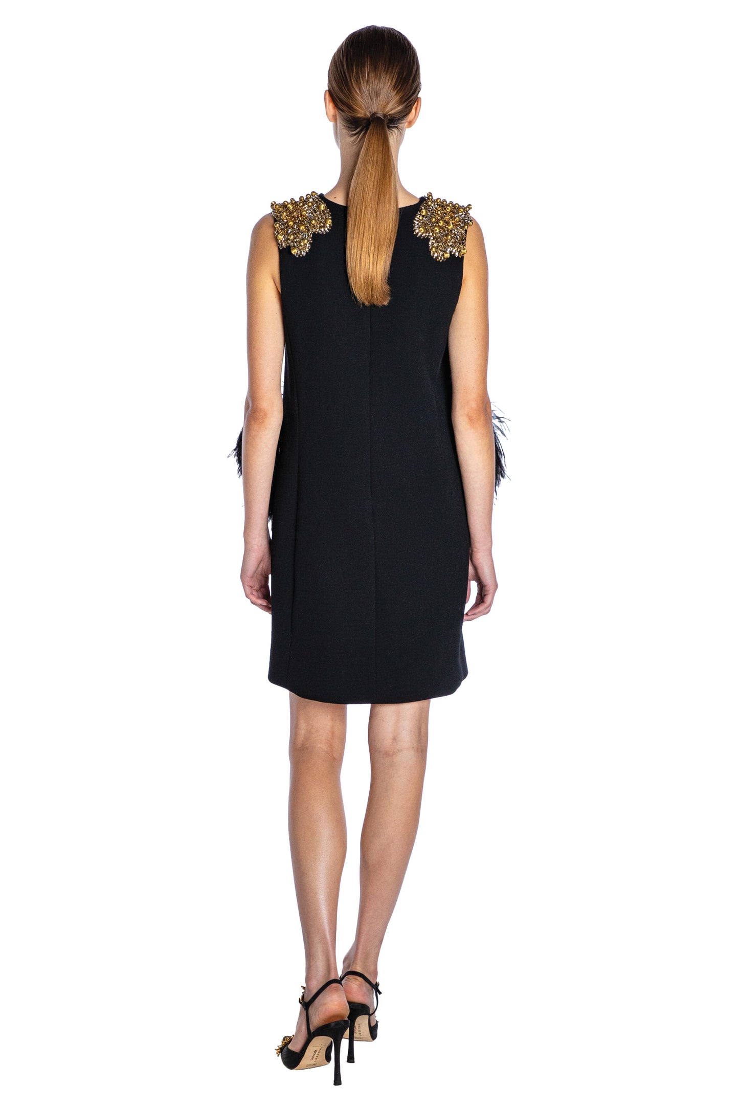 'GOLD SHOULDER' EMBELLISHED SHIFT DRESS WITH FEATHERS - - Libertine