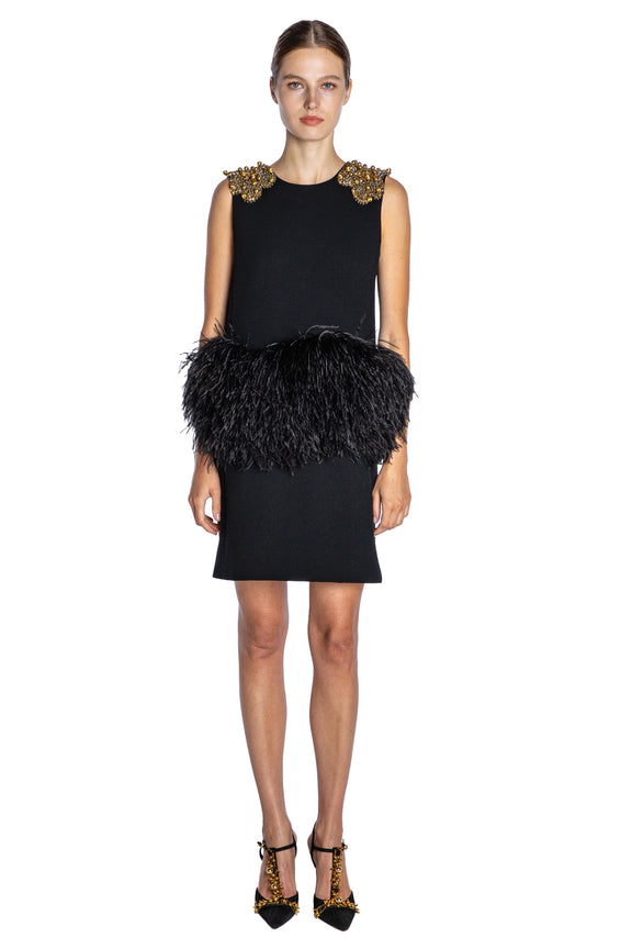 'GOLD SHOULDER' EMBELLISHED SHIFT DRESS WITH FEATHERS - - Libertine