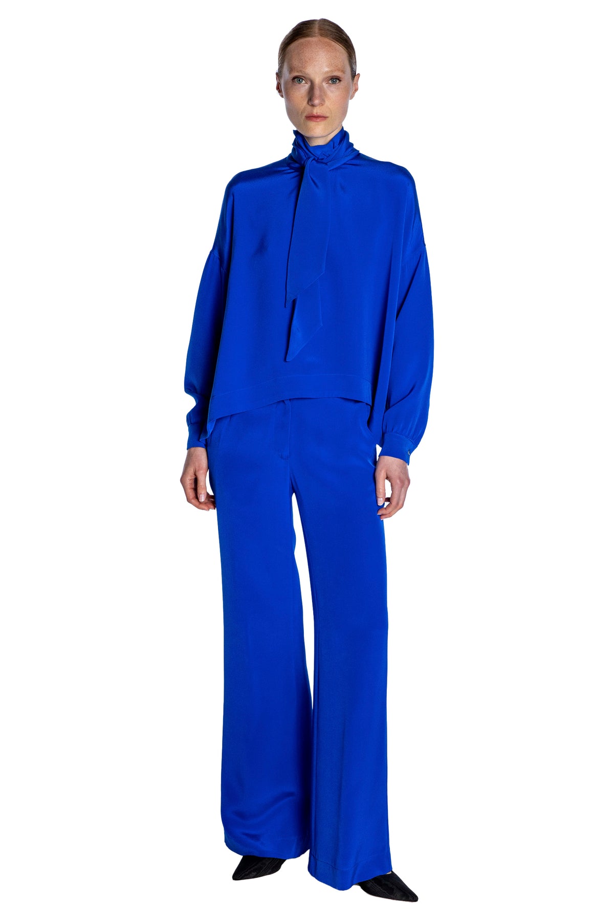 'OVERSATURATED SILKS' BLUE TIE BLOUSE - TOPS - Libertine