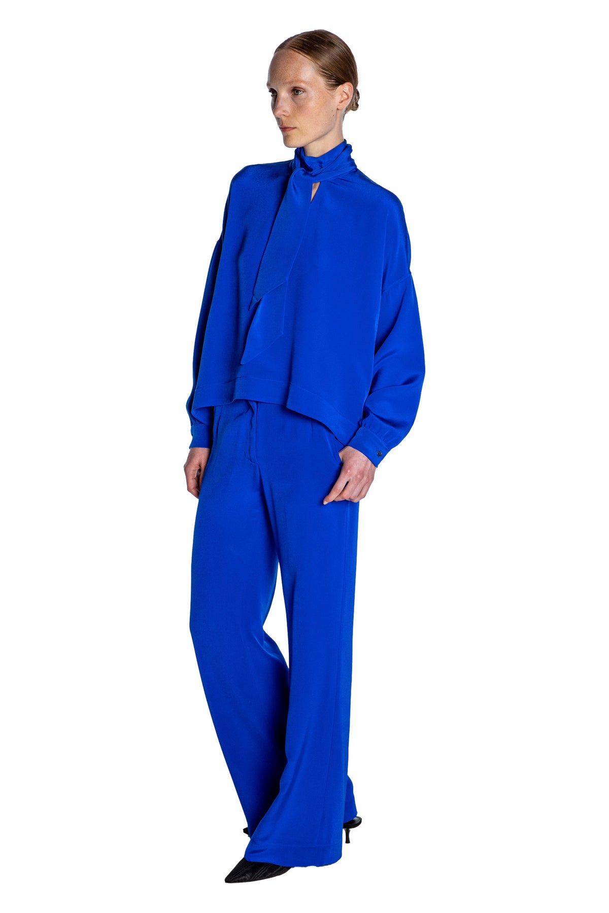 'OVERSATURATED SILKS' BLUE TIE BLOUSE - TOPS - Libertine