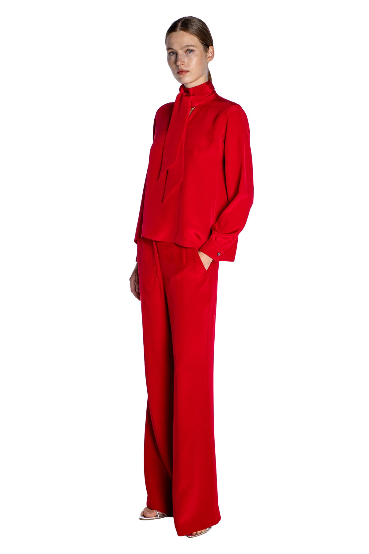 'OVERSATURATED SILKS' RED TIE BLOUSE - TOPS - Libertine