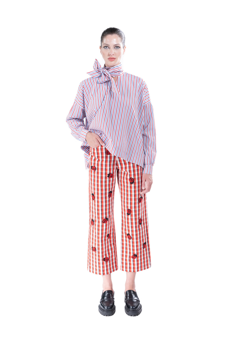 'RED/ BLUE STRIPE' TIE BLOUSE -  - Libertine