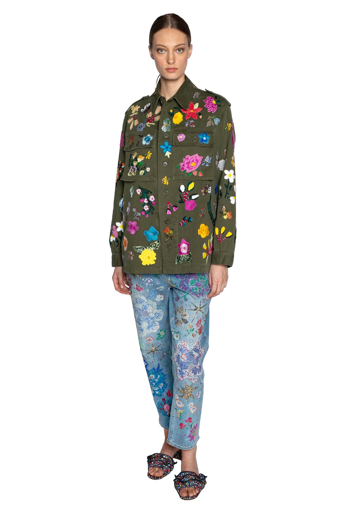 'EMBROIDERED FLORAL' VINTAGE FRENCH MILITARY JACKET WITH CRYSTAL - - Libertine