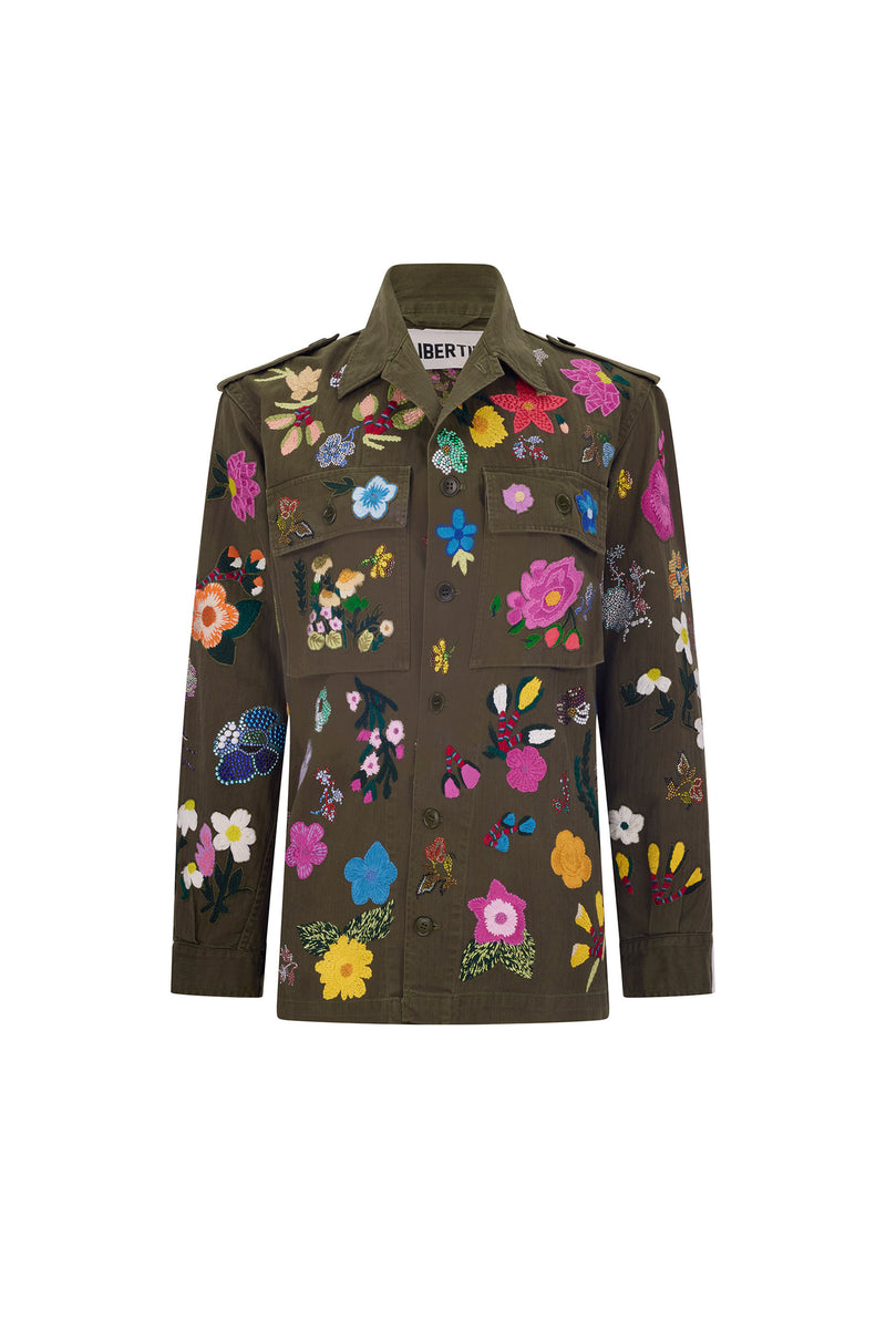 'EMBROIDERED FLORAL' VINTAGE FRENCH MILITARY JACKET WITH CRYSTAL - - Libertine