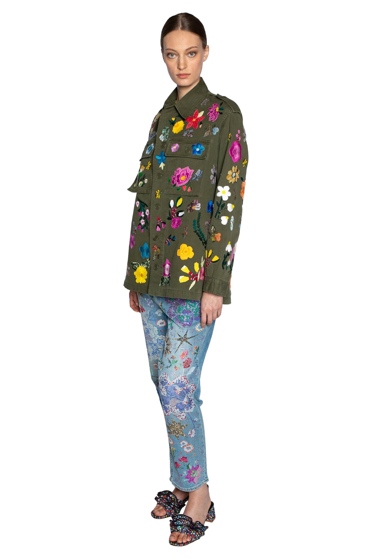 'EMBROIDERED FLORAL' VINTAGE FRENCH MILITARY JACKET WITH CRYSTAL - - Libertine