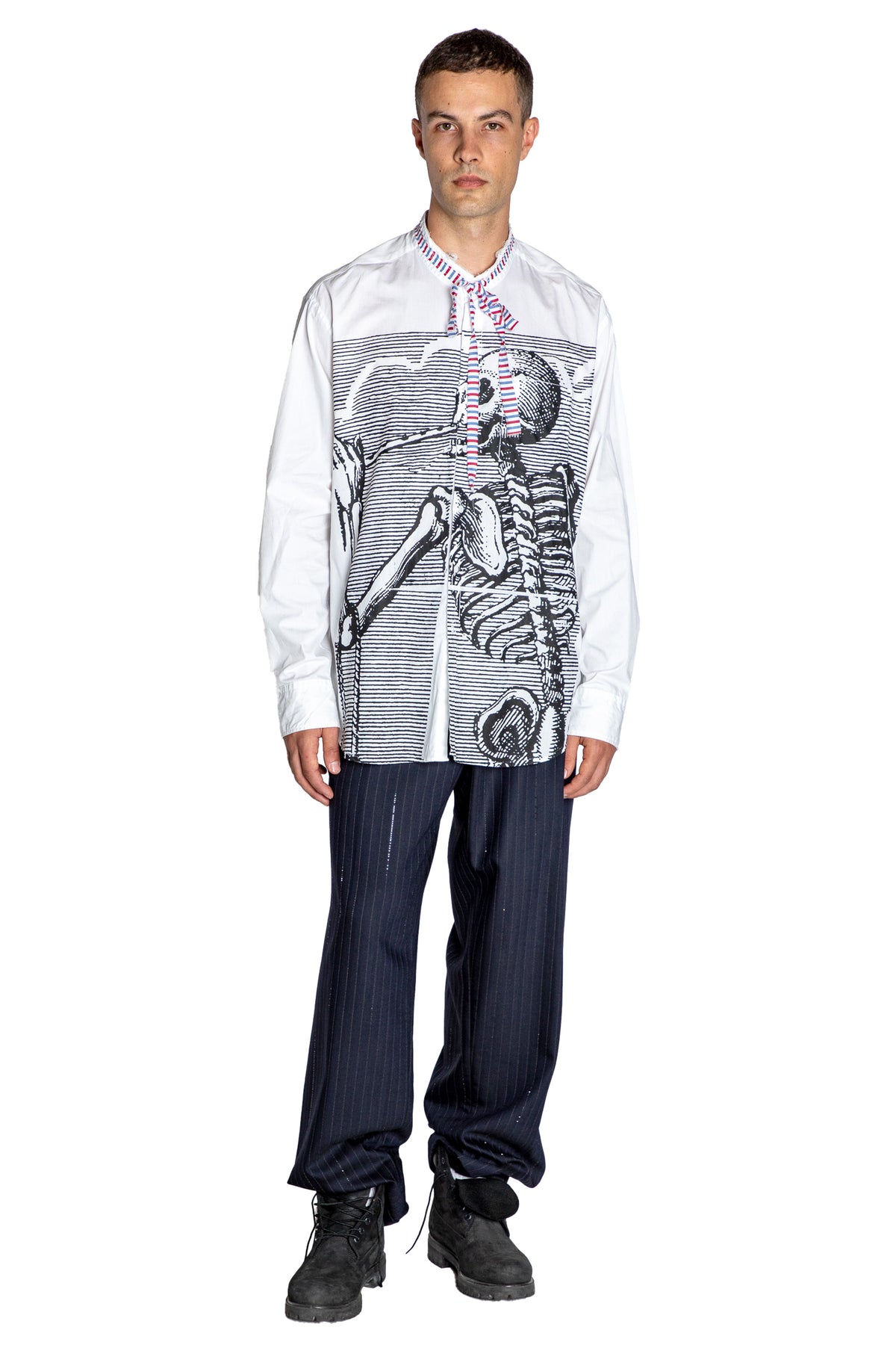 'STRIPE SKULLS' DECONSTRUCTED COLLARLESS CLASSIC SHIRT WITH TIE - - Libertine