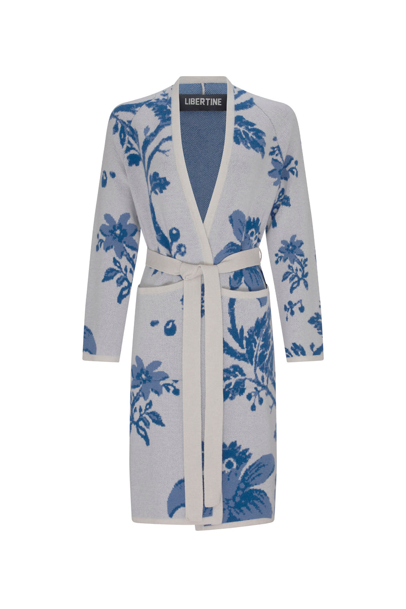 'OVERSIZED BLUE FLORAL' SLIM BELTED CARDIGAN - - Libertine