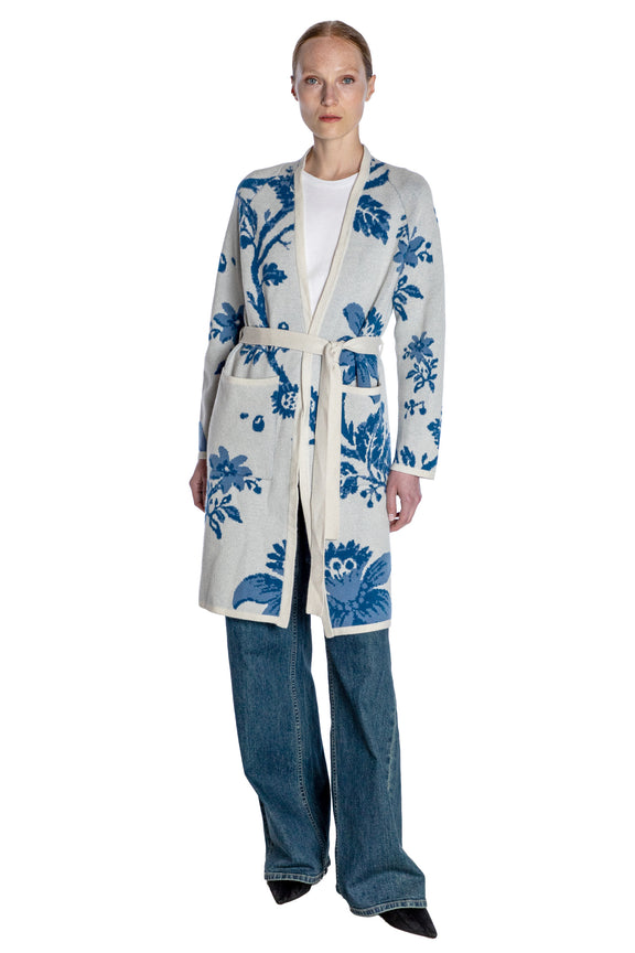 'OVERSIZED BLUE FLORAL' SLIM BELTED CARDIGAN - - Libertine
