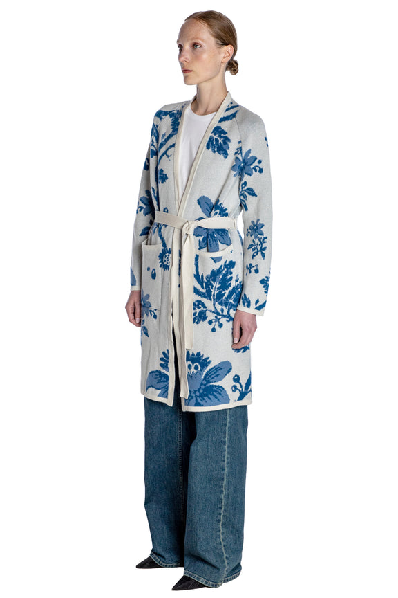 'OVERSIZED BLUE FLORAL' SLIM BELTED CARDIGAN - - Libertine