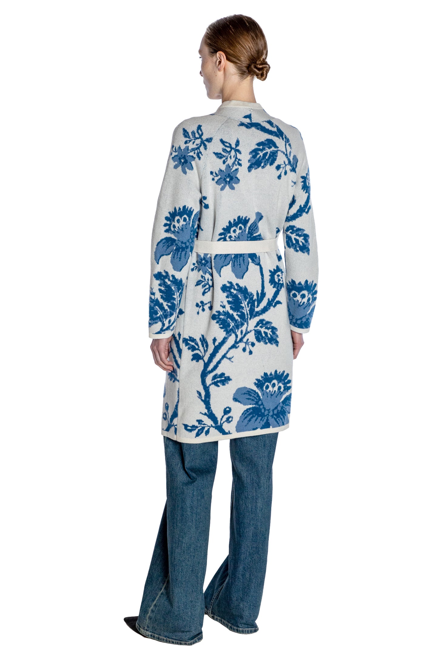'OVERSIZED BLUE FLORAL' SLIM BELTED CARDIGAN - - Libertine