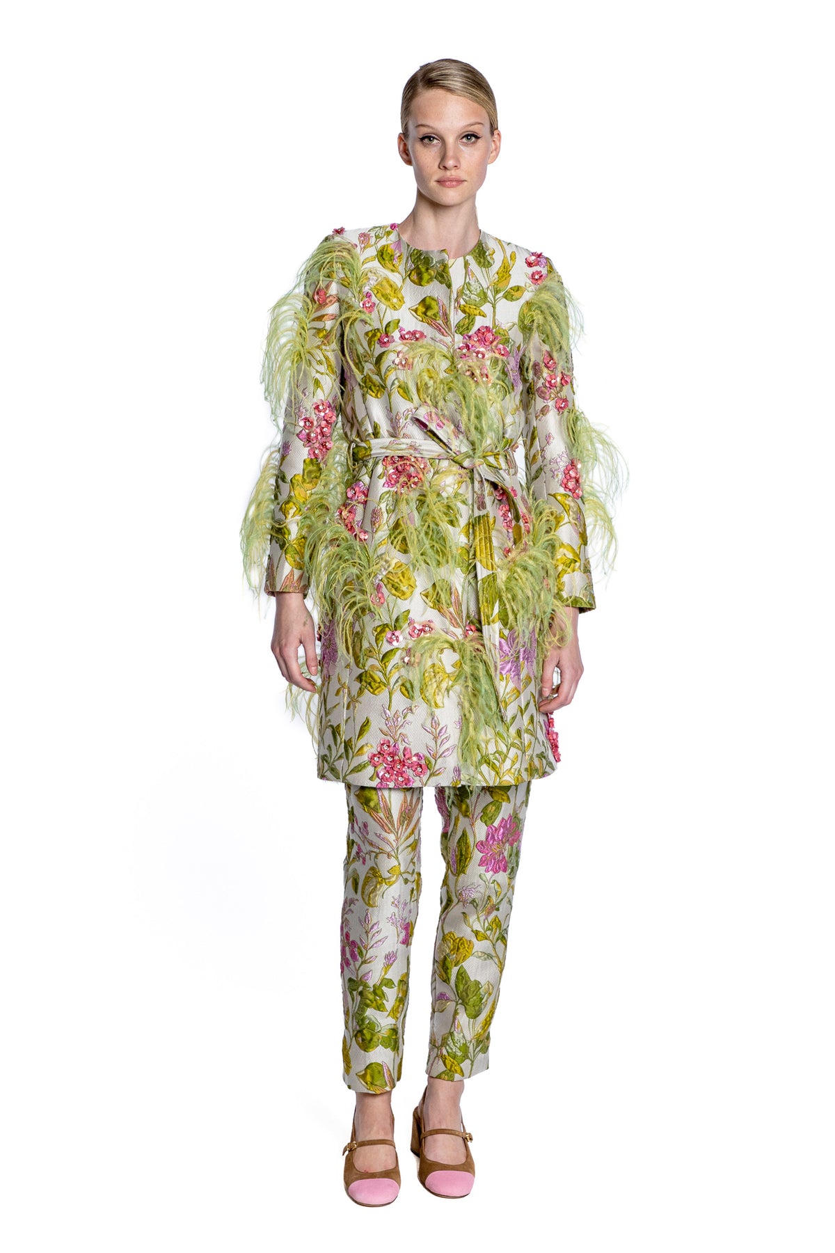 'DIANTHUS' EMBELLISHED BELTED COLLARLESS COAT - - Libertine