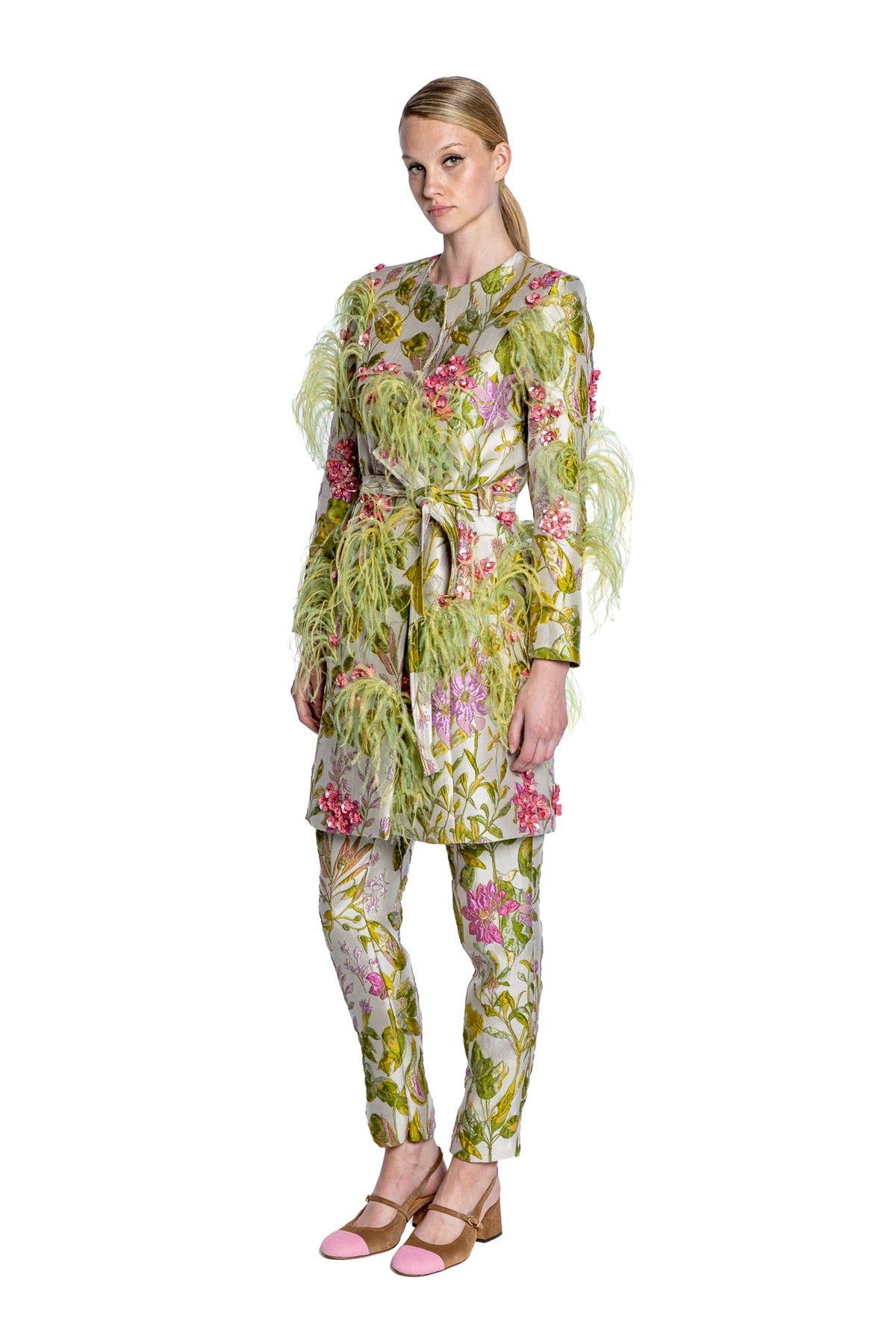 'DIANTHUS' EMBELLISHED BELTED COLLARLESS COAT - - Libertine