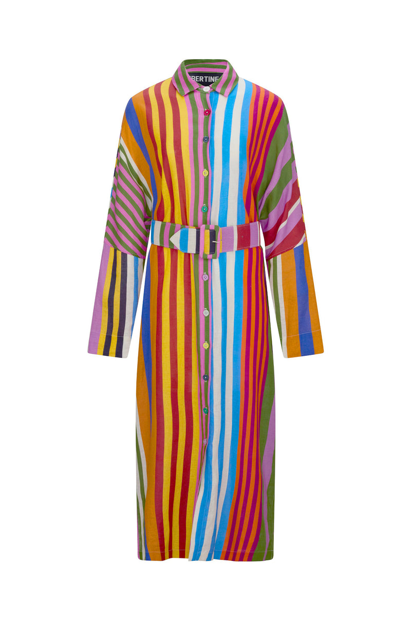 'TANGIER STRIPE' BELTED BUTTON DOWN SHIRT DRESS - - Libertine